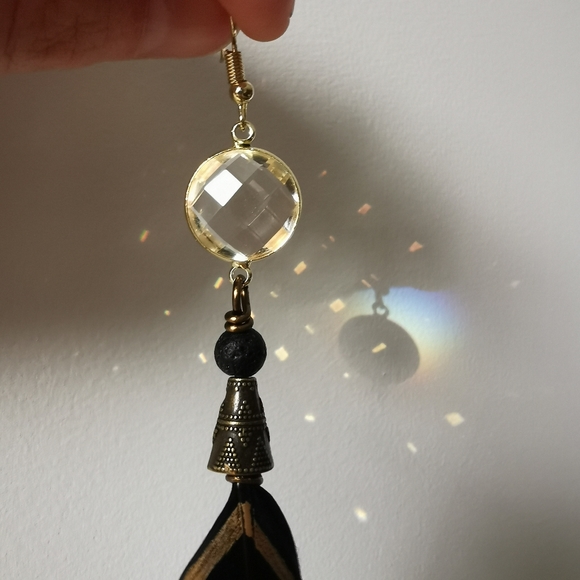Black & Gold Prism Handmade Feather Earrings - Picture 3 of 4
